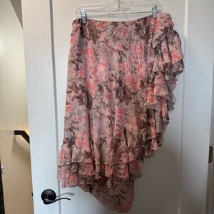 NWT Ryu Assymetric Frilly Ruffle Skirt Layered Flowy Pink‎ Brown Floral Fairy L